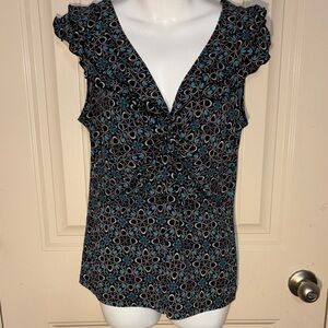 Suzie In The City Vintage Black and Turquoise Patterned Large Sexy Blouse